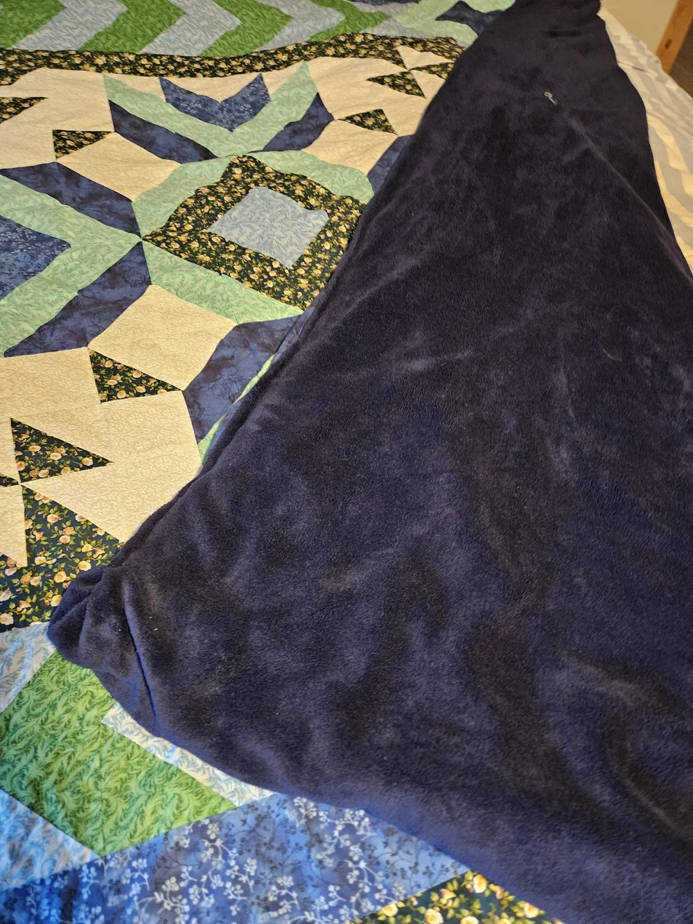 Handmade Quilted Bedspread in Green, Blue and Cream